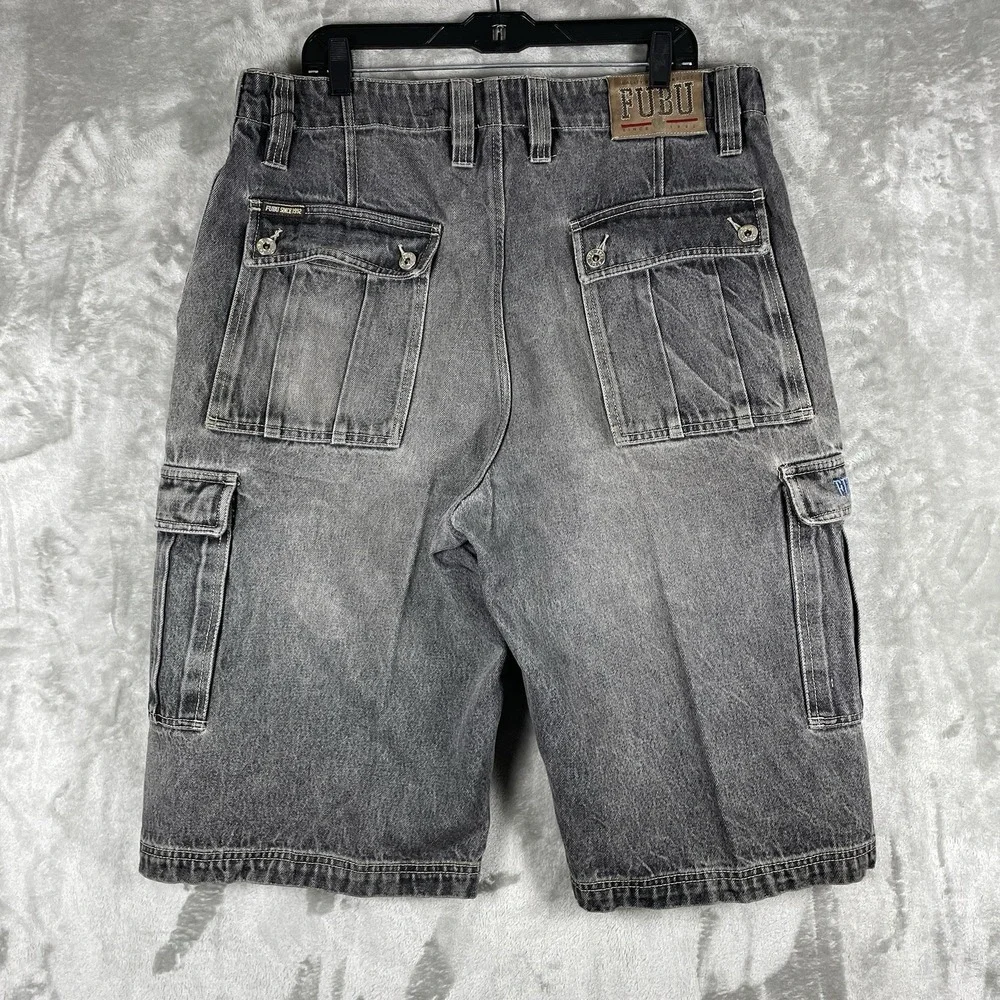 Vtg Y2K FUBU Cargo Shorts Black Denim Jorts Super Baggy Loose 38W (fit 36x15)